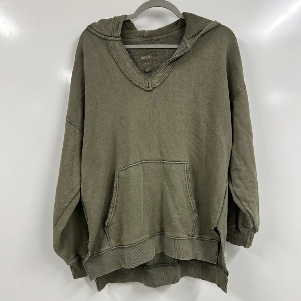 Aerie XS Olive Green Oversized Hoodie Raw Hem Grunge Cozy Lounge Granola Earthy
